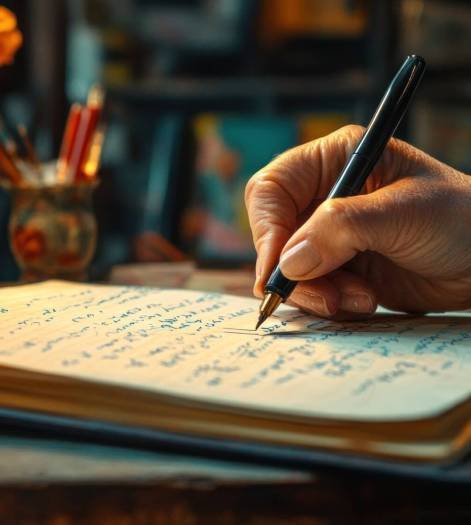 A person’s hand writing in a journal with a pen. Detailed close-up of a hand writing in a journal, surrounded by colorful stationery, warm light creating an inviting mood --ar 16:7 --style raw --stylize 250 --v 6.1 Job ID: f5e23b9c-5392-4ab6-bc7b-6a5befa1e355